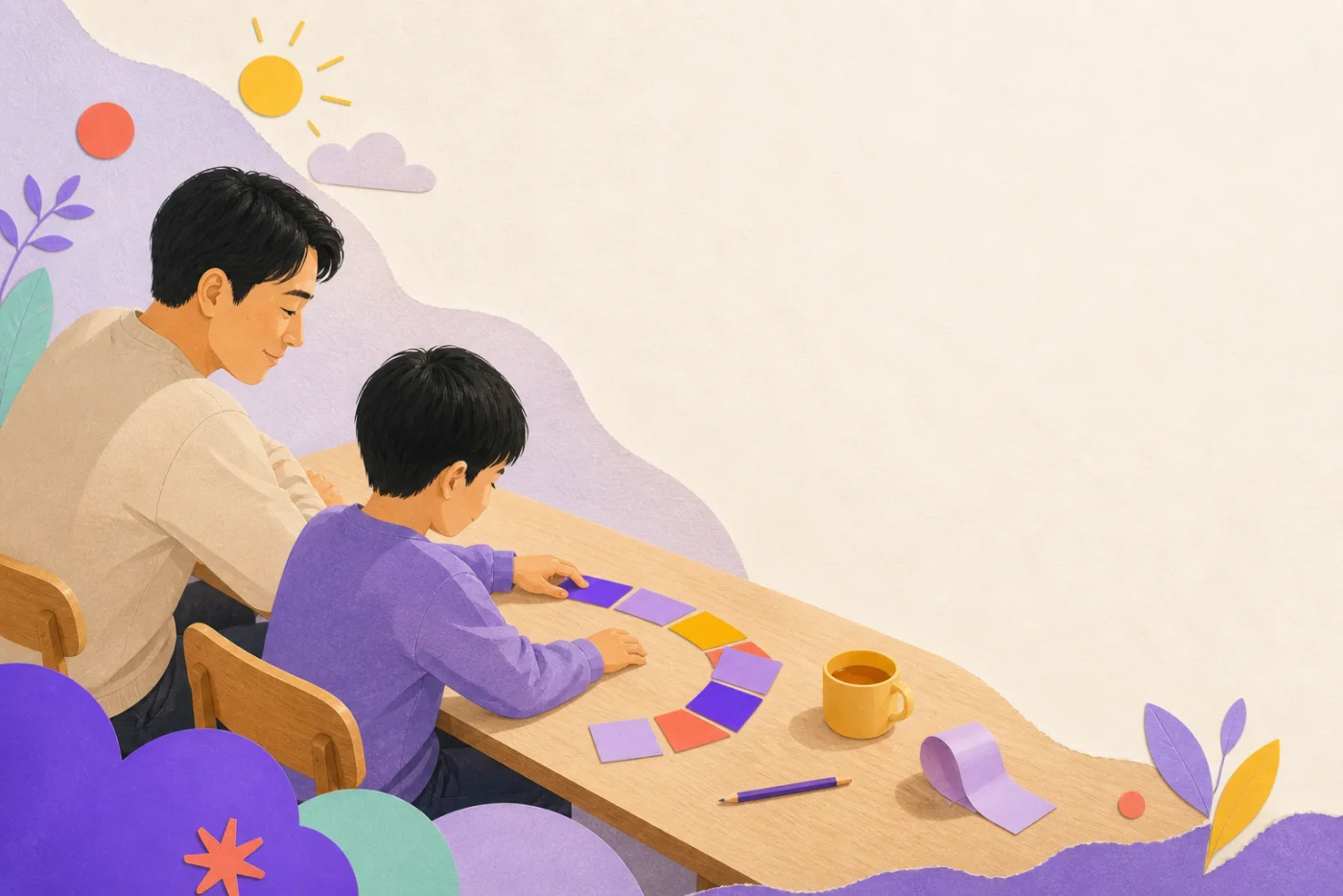 孩子自己排列学习卡片，父亲坐在身旁安静陪伴