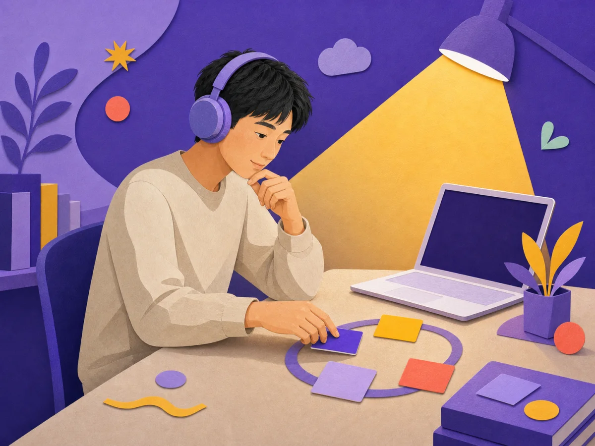 雅思学习者戴着耳机，在安静的深紫色书桌前自主学习