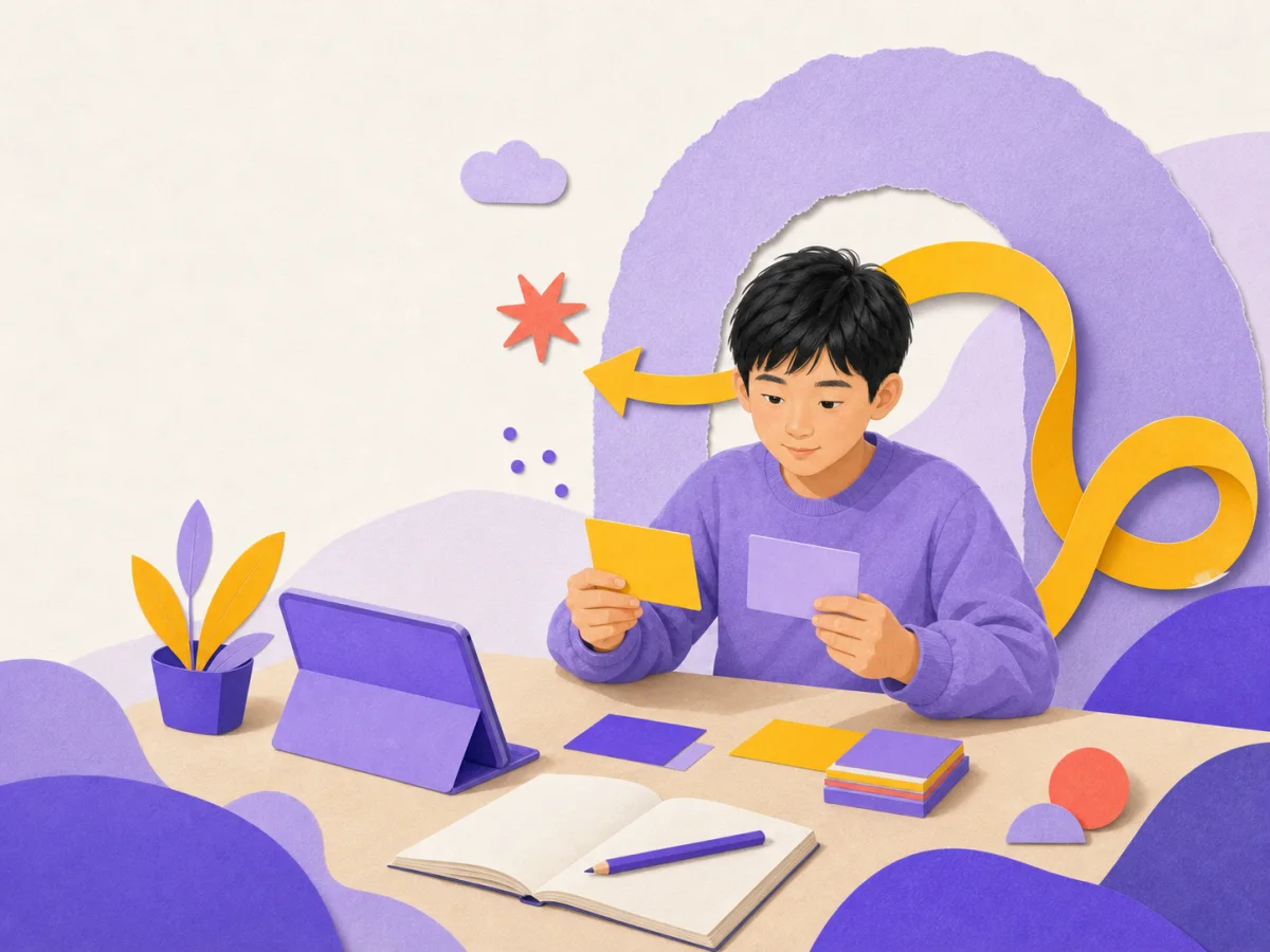 孩子在平板旁比较语法学习卡片，按自己的节奏作出选择